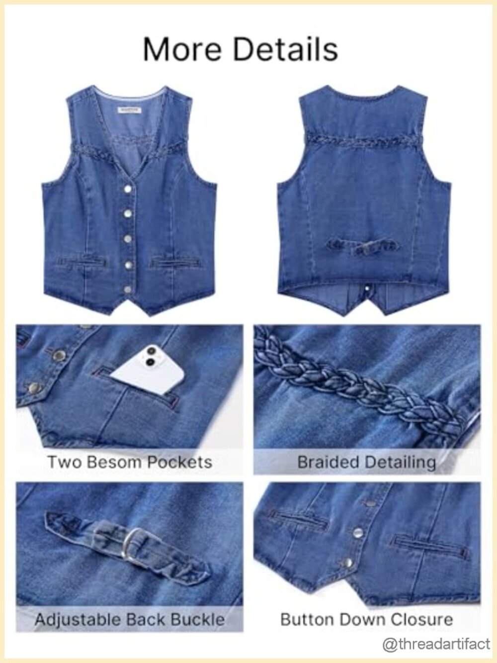 Denim Vest Women Sleeveless Button Down Adjustable Back Buckle Braided Western - Picture 5 of 6